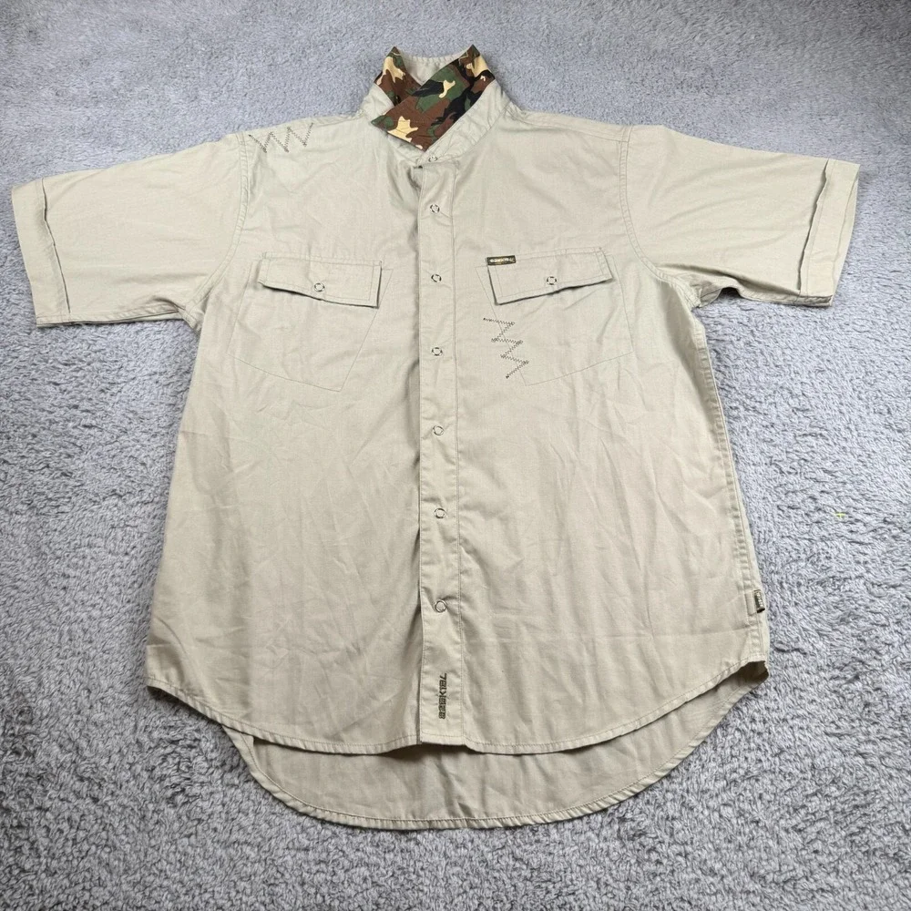 Y2K Ezekiel Mens Beige‎ Short Sleeve Camo Collared Button Up Vintage Size Small
